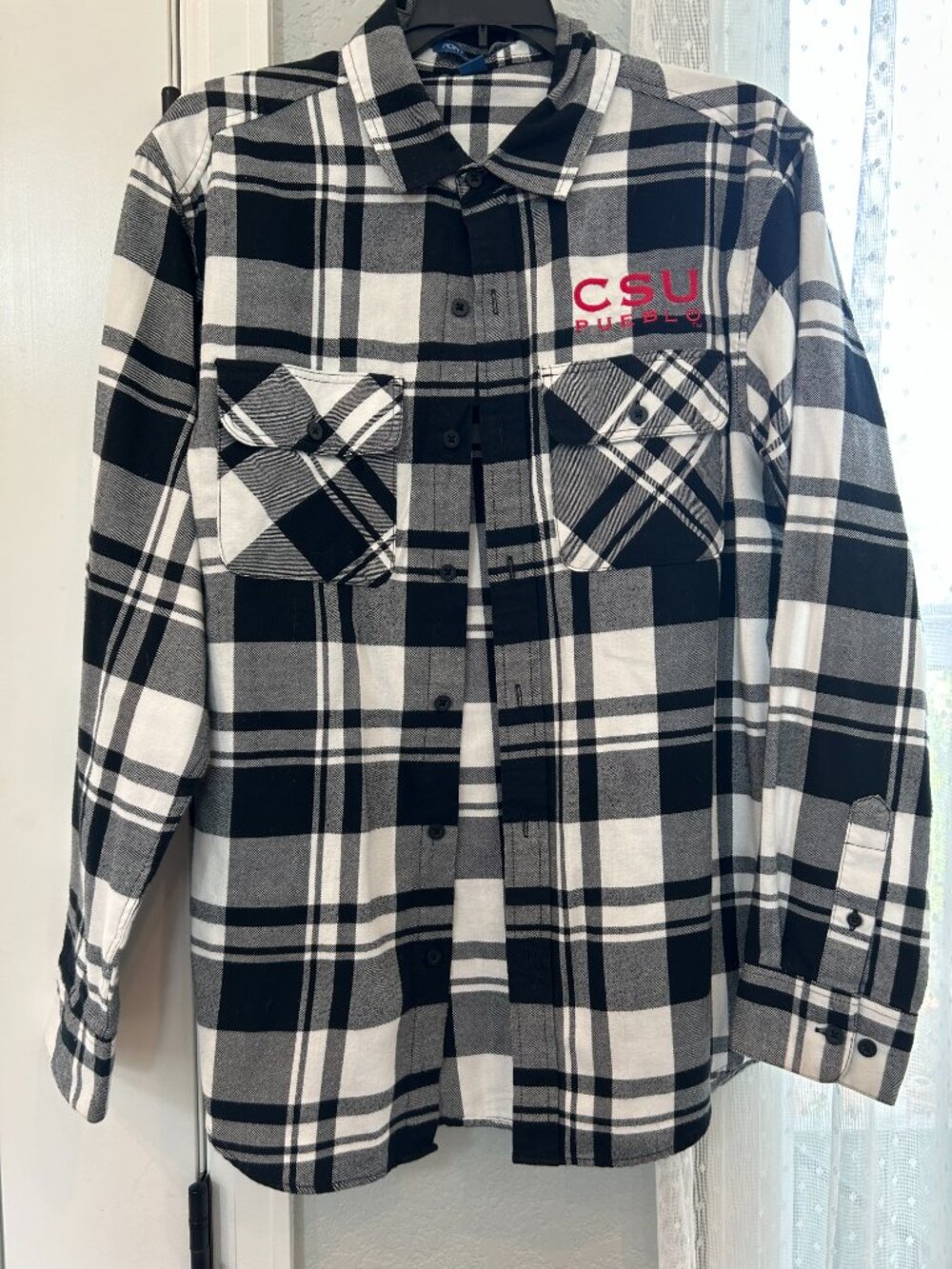CSU Pueblo Embroidered Black White Plaid Flannel Button Up Shirt Mens SM